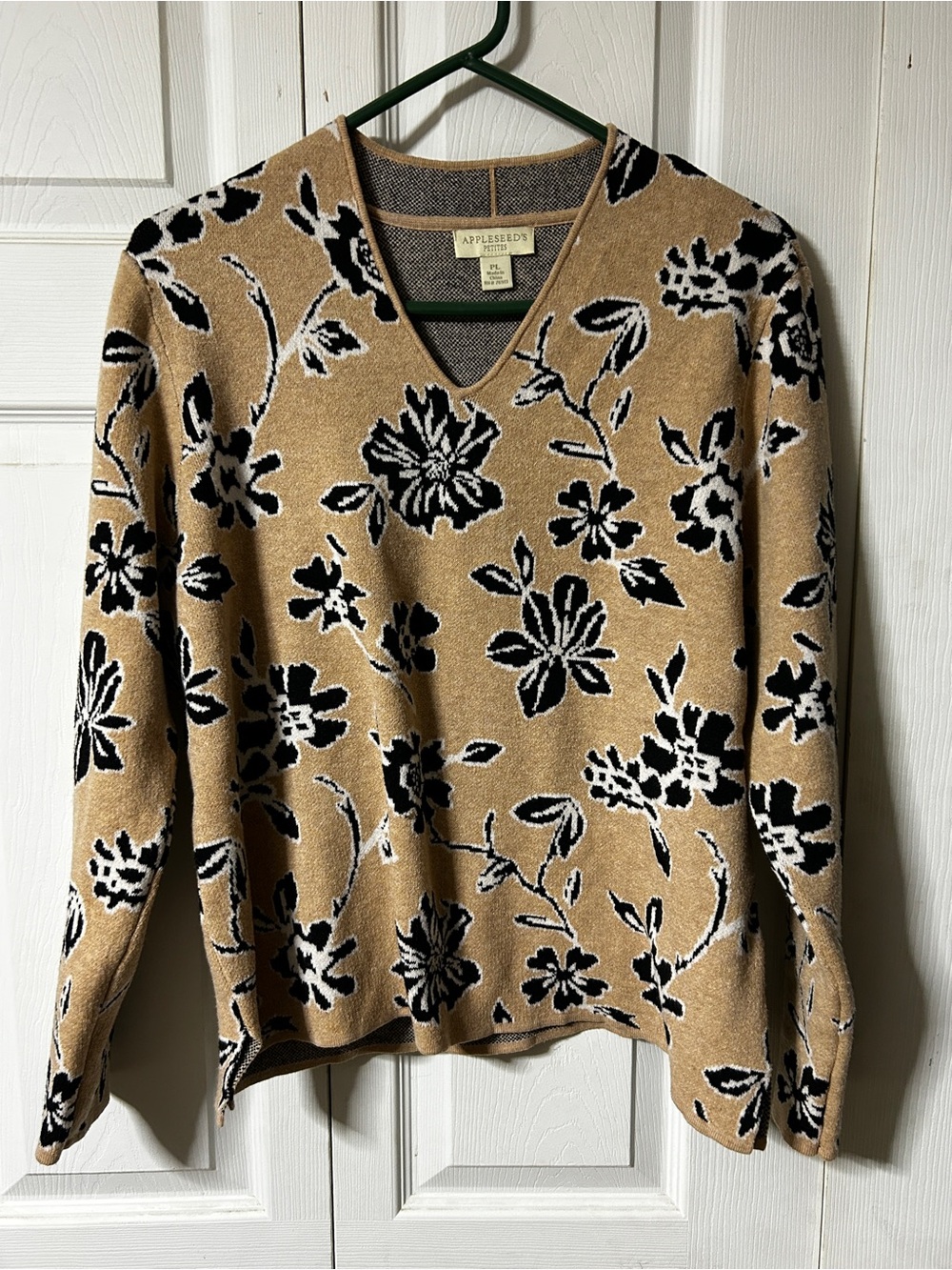 Appleseed's Tan Floral V-Neck Sweater with Black and Cream Flowers